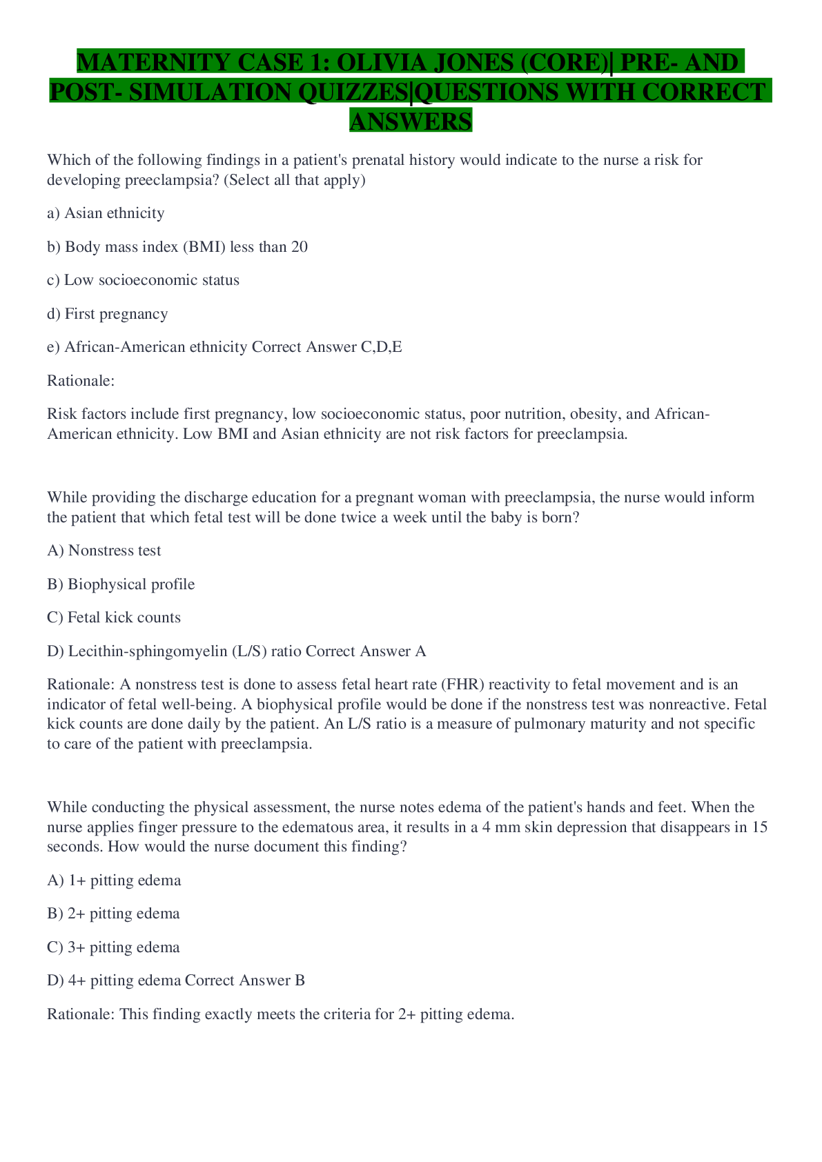 Preview image for MATERNITY CASE 1: OLIVIA JONES (CORE)| PRE- AND POST- SIMULATION QUIZZES|QUESTIONS WITH CORRECT ANSWERS
